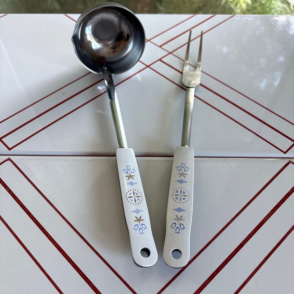 Vintage EKCO USA Ladle & Meat Fork Set Floral Handles